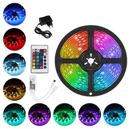 Fita LED RGB 3528 5M 300 LEDs IP65 à Prova D'Água com Fonte Inclusa – Iluminação Colorida e Flexível em Oferta na Shopee