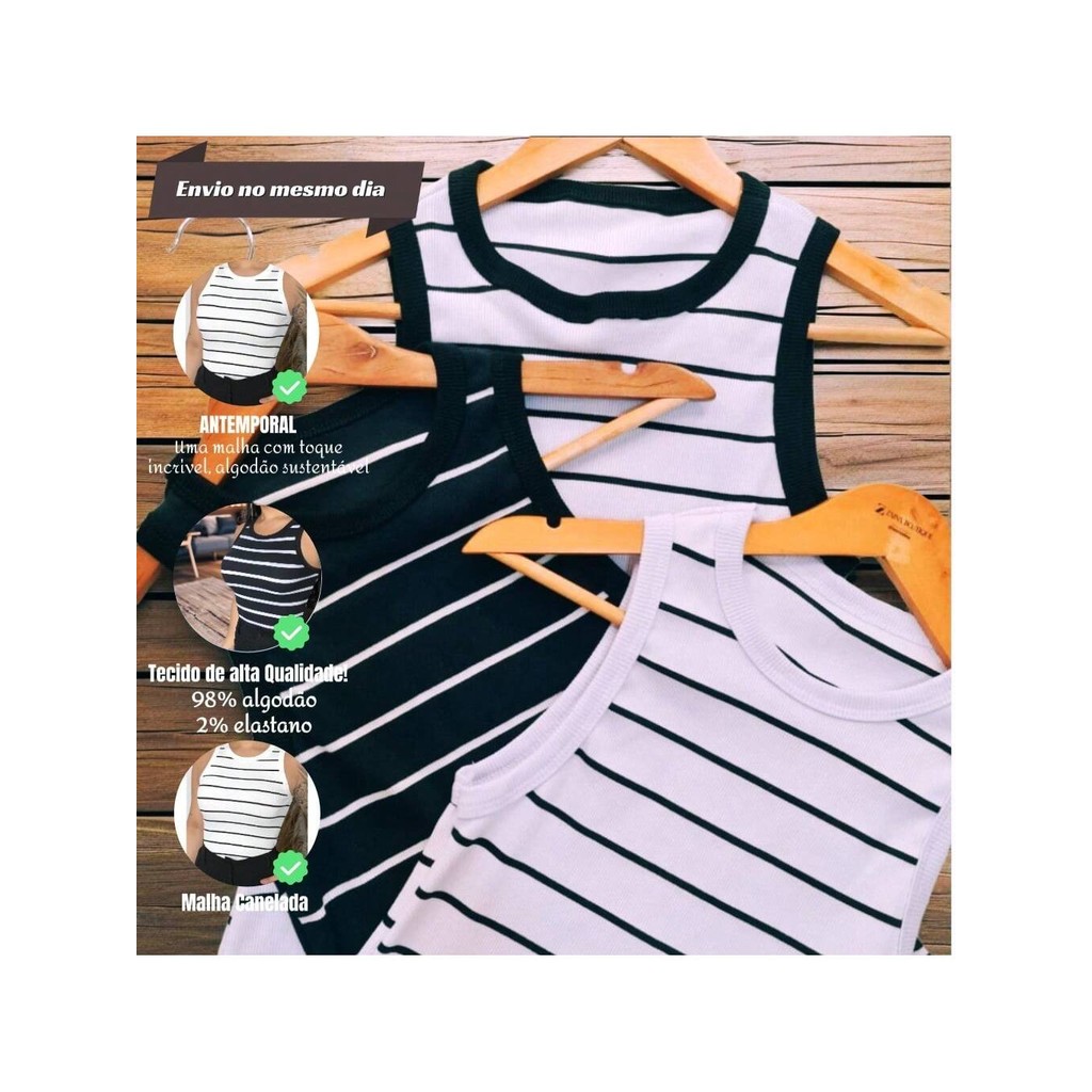 Kit 3 Regatas Canelada Listrada e Lisa Ribana Camiseta Básica Blusa Dia a Dia Moda Gringa Regata Casual