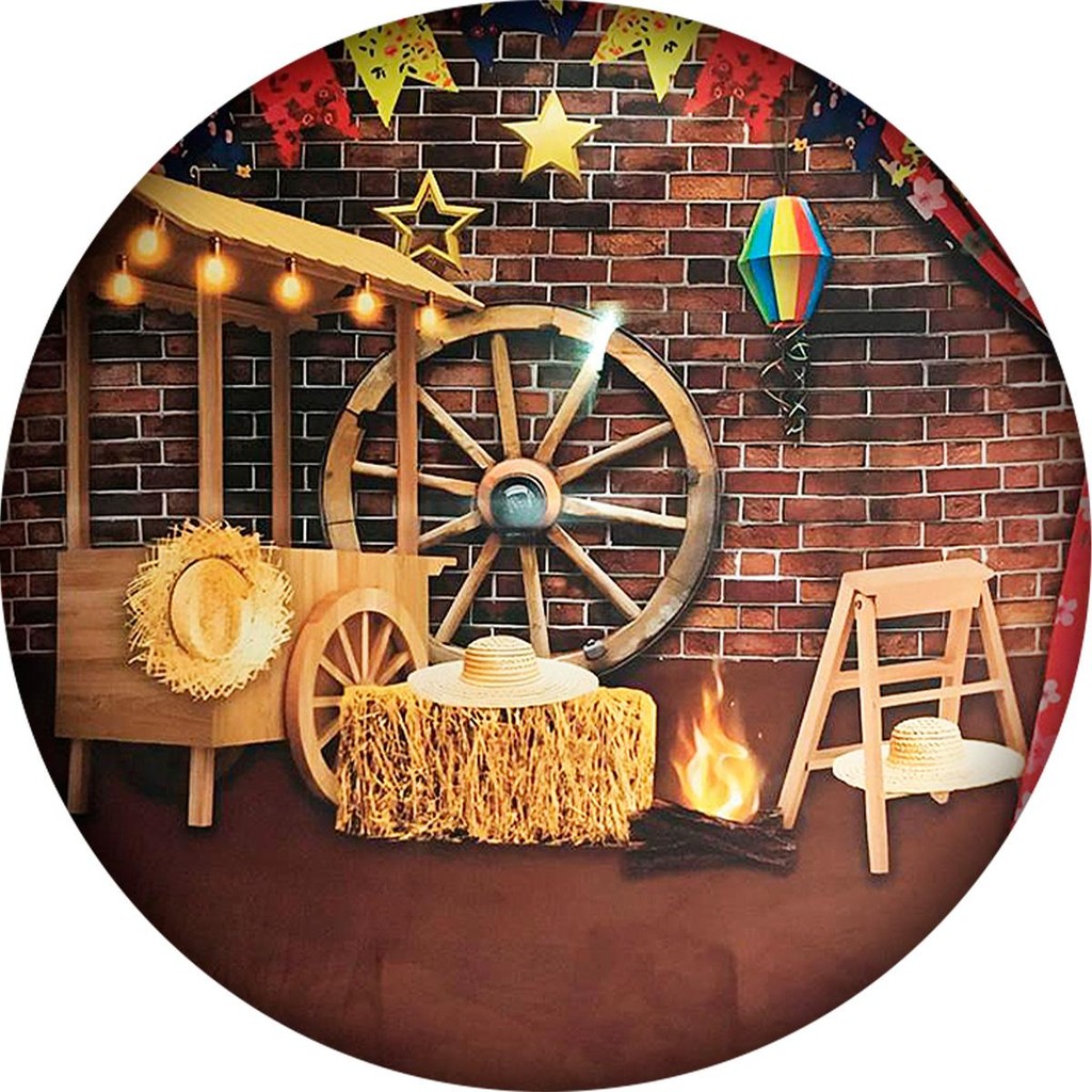KIT Painel Festa Junina Redondo 3D Sublimado Com Elástico 1,5 metros + Suporte Bambolê Marrom em Oferta na Shopee