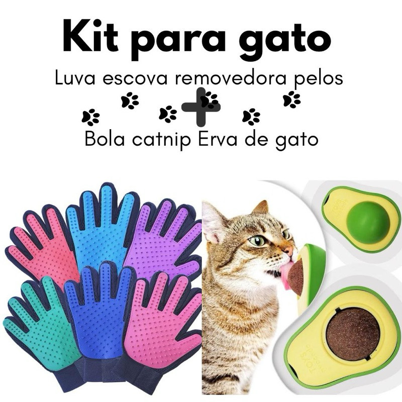 Kit Pet Gato – Luva Escova Removedora de Pelos + Bola Catnip Natural Anti Estresse p/ Higiene e Diversão em Oferta na Shopee