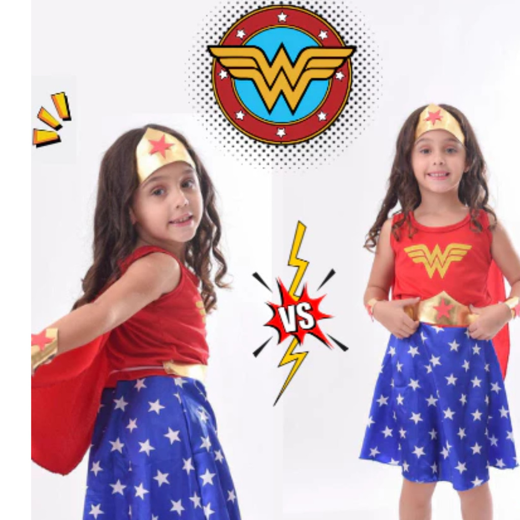 Fantasia Mulher Maravilha Menina Infantil SuperGilrs Premium Com Acessórios