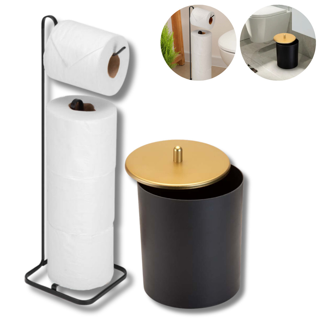 Kit Acessório Banheiro Lavabo Lixeira 5 Litros Papeleira 4 Rolos Preto C/ Dourado Fosco