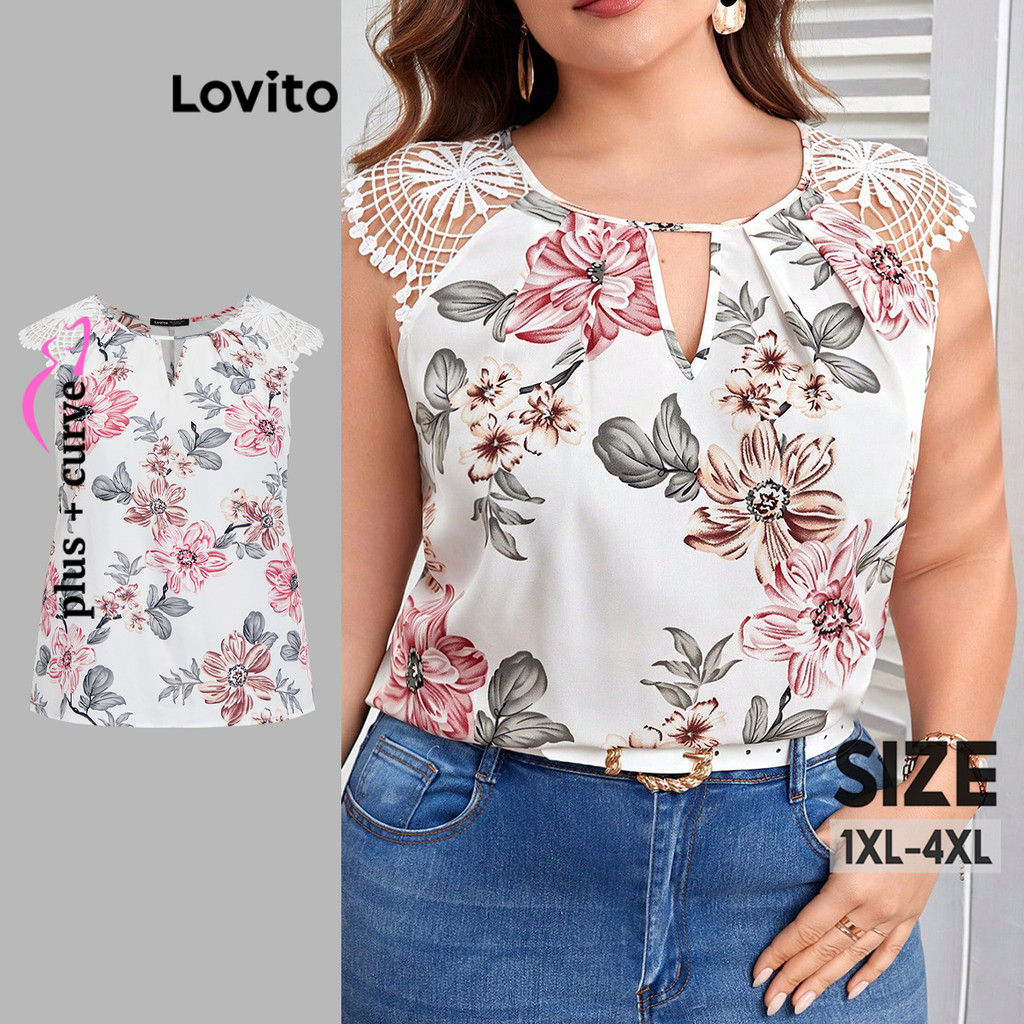 Lovito Blusa Plus Size Curve Boho Floral Colorblock Renda para Mulheres LBL20210 - Women Clothes