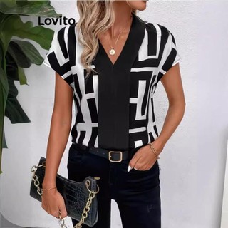 Lovito Blusa casual geométrica colorblock para mulheres LNL69298 em Oferta na Shopee
