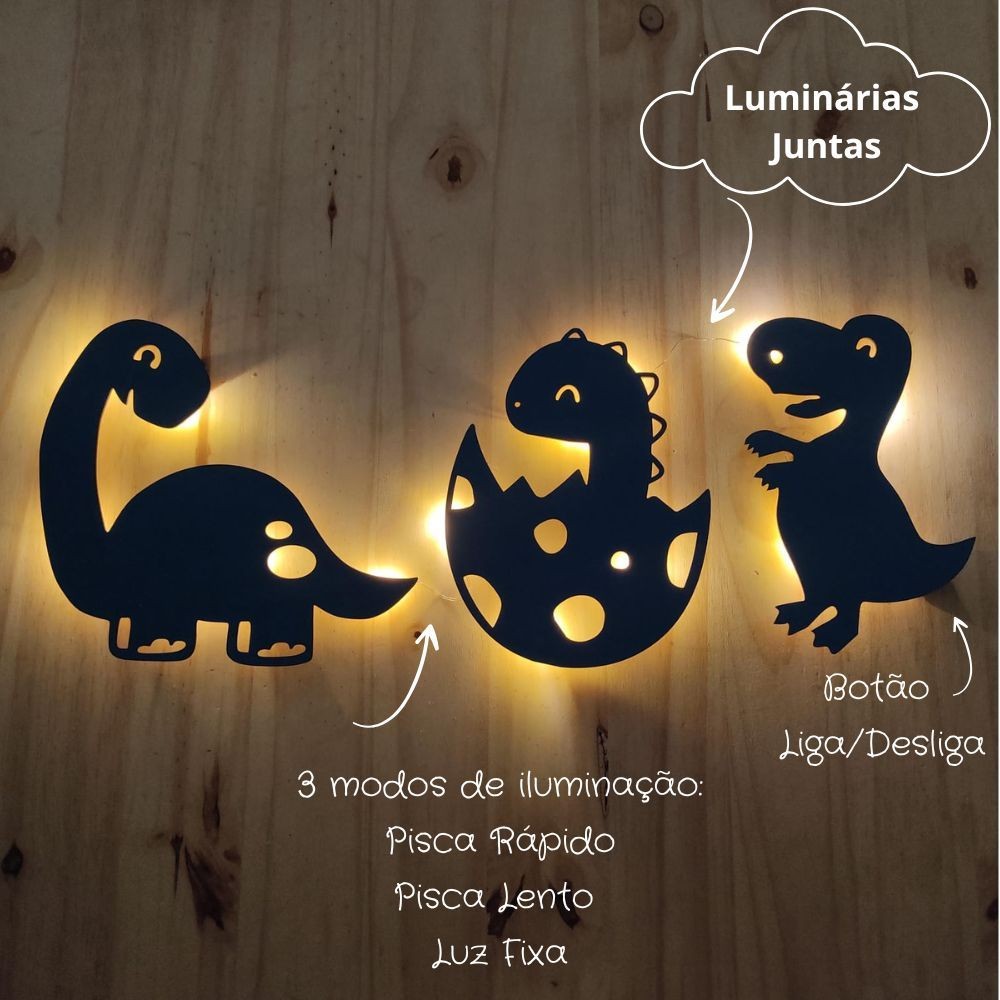 Kit 3 Luminárias Dinossauro LED Abajur Infantil para Decoração de Quarto de Bebê