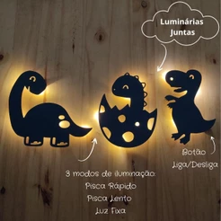Kit 3 Luminárias Dinossauro LED Abajur Infantil para Decoração de Quarto de Bebê
