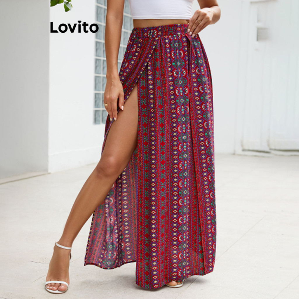 (Trendy) Lovito Saias Boho Com Estampa Tribal E Saia Frontal Dividida Para Mulheres LNL77449 em Oferta na Shopee
