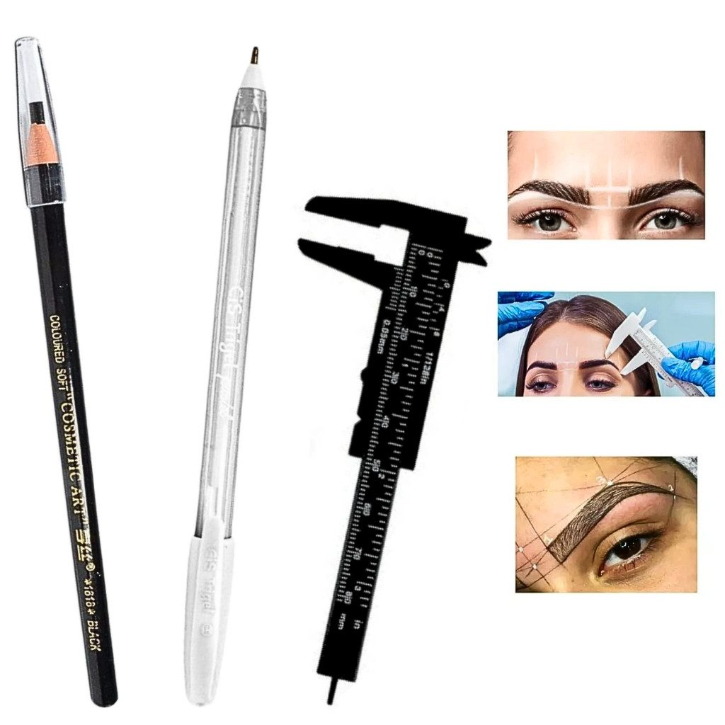 Lápis Dermatográfico + Paquímetro + Caneta Gel Branca para Sobrancelha Design S15 em Oferta na Shopee