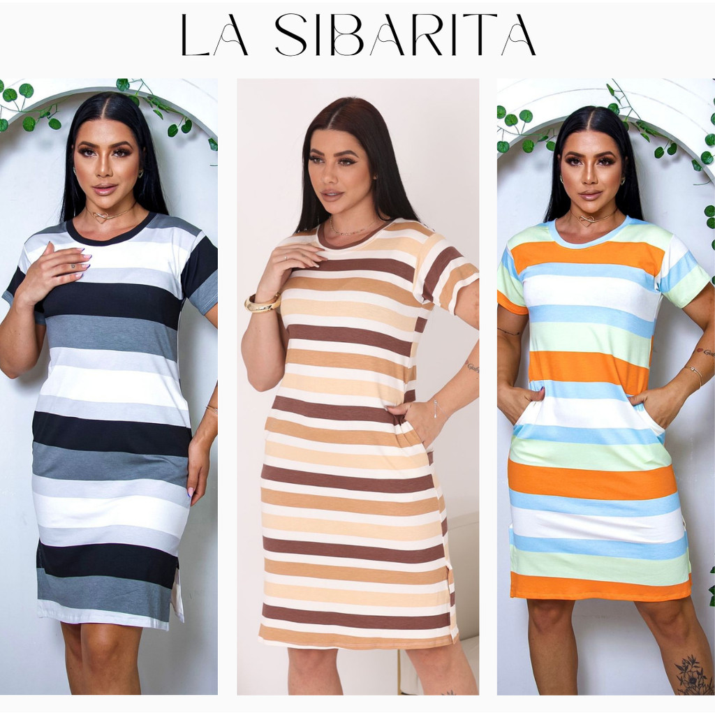 Vestido Listrado Midi Casual com Fenda – Manga Curta em Viscolycra | Tamanhos G, GG e G1 em Oferta na Shopee