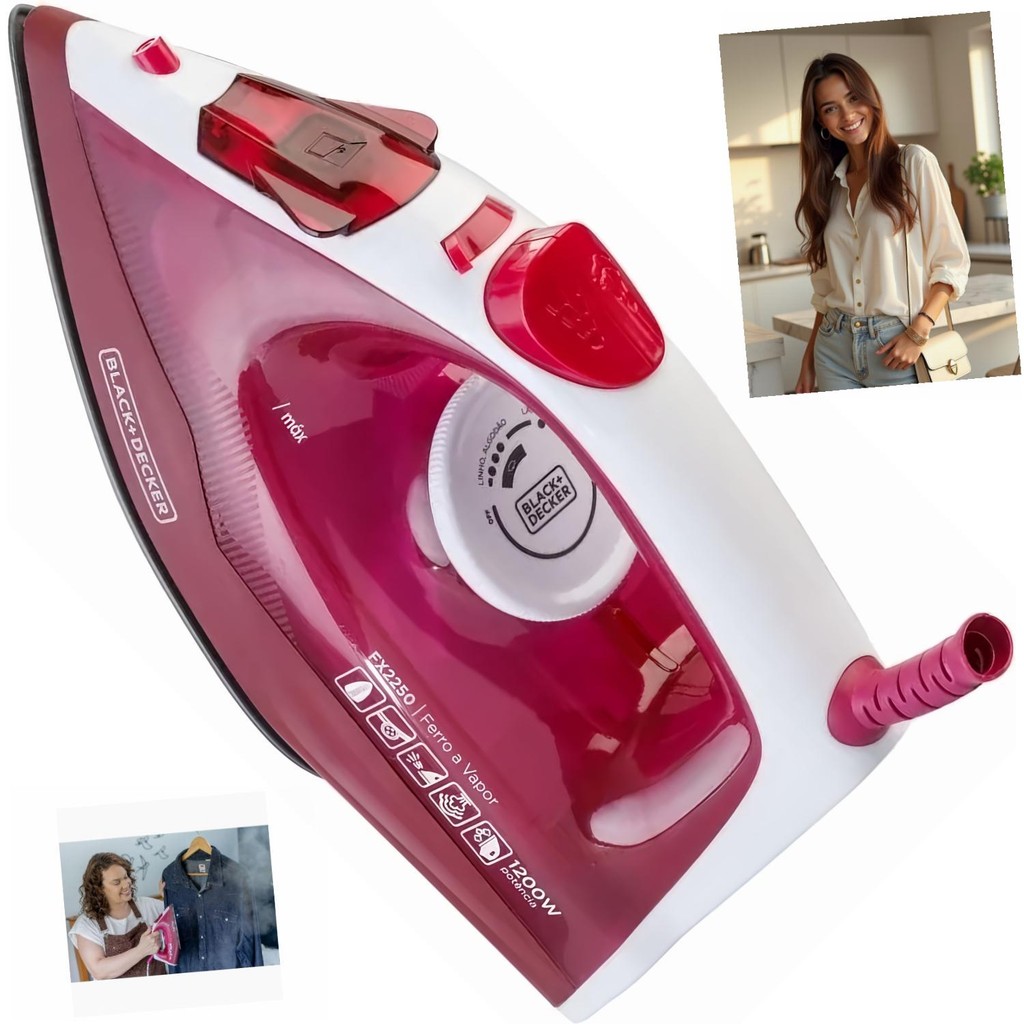 Ferro Passar Roupas Black+Decker FX2250 Rosa Seco Vapor 1200W 18g/min Base Antiaderente