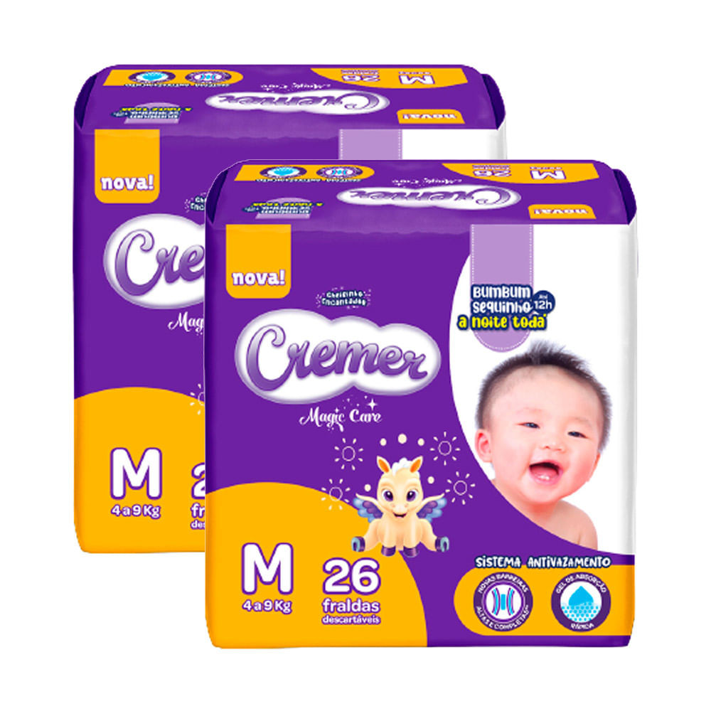 Kit 2 Fralda Cremer Magic Care Tamanho M Pacote Jumbo 26 Unidades Descartáveis cada - Mom & Baby