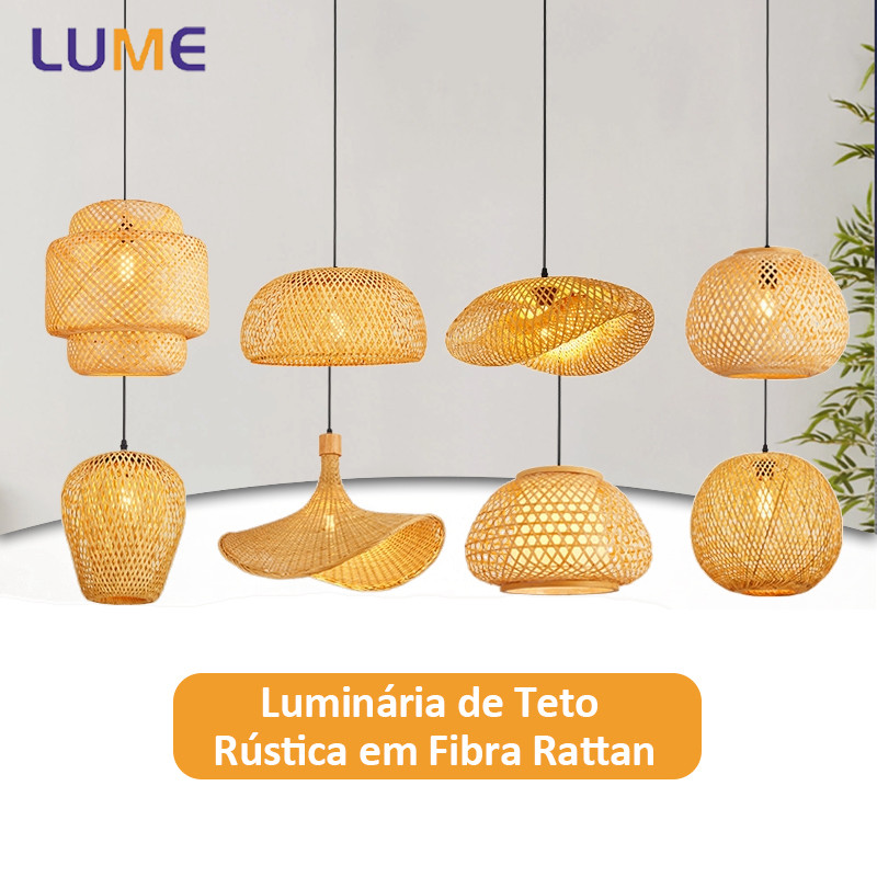 Luminária de Teto Rústica em Fibra Rattan 8 Modelos Disponíveis E27 Bivolt Com ou Sem Lâmpada ST64 em Oferta na Shopee