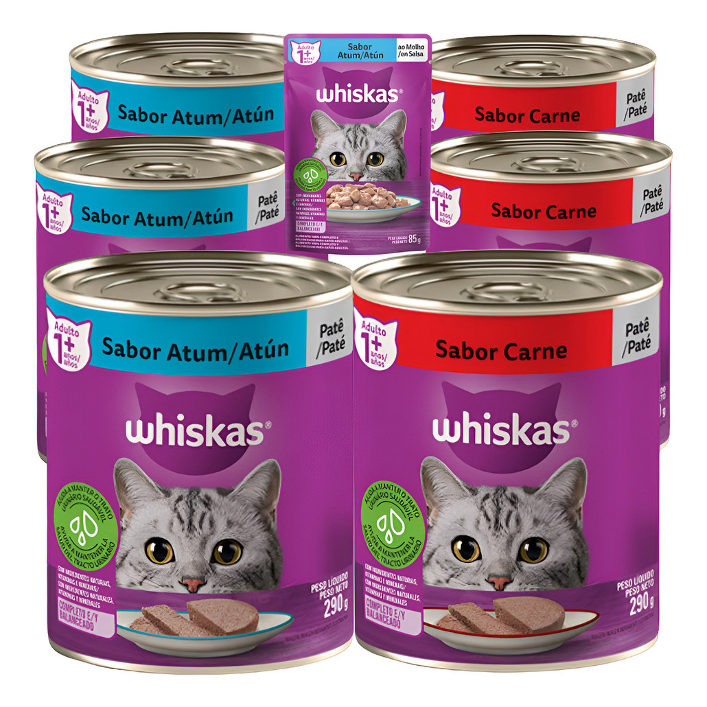Whiskas Ração Combo 6 Latas Gatos Patê Carne E Atum 290g cada Comida Gato PET Alimento para gatos
