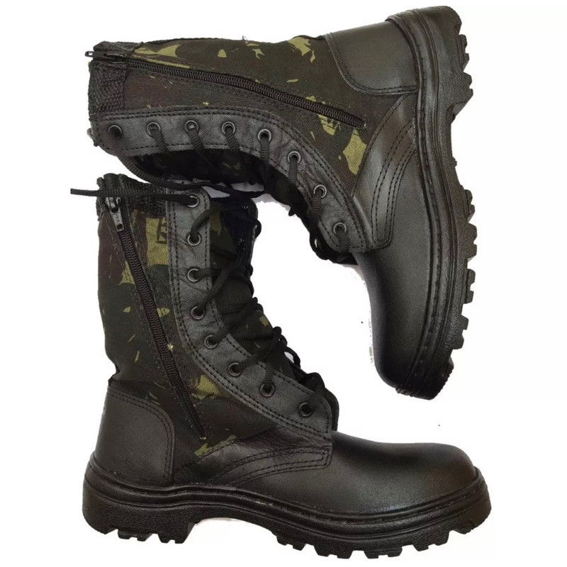Bota Masculina Militar Tática de Couro Reforçado Impermeável Com Zíper Ajustável Barato
