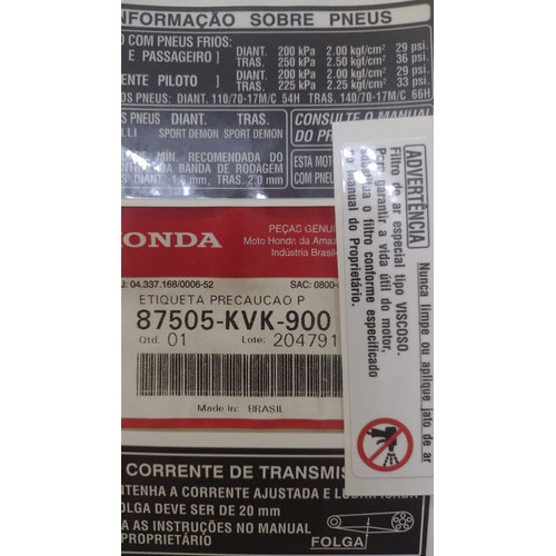 Etiqueta Adesivo Corrente Cb 300 R E Twister Original Honda