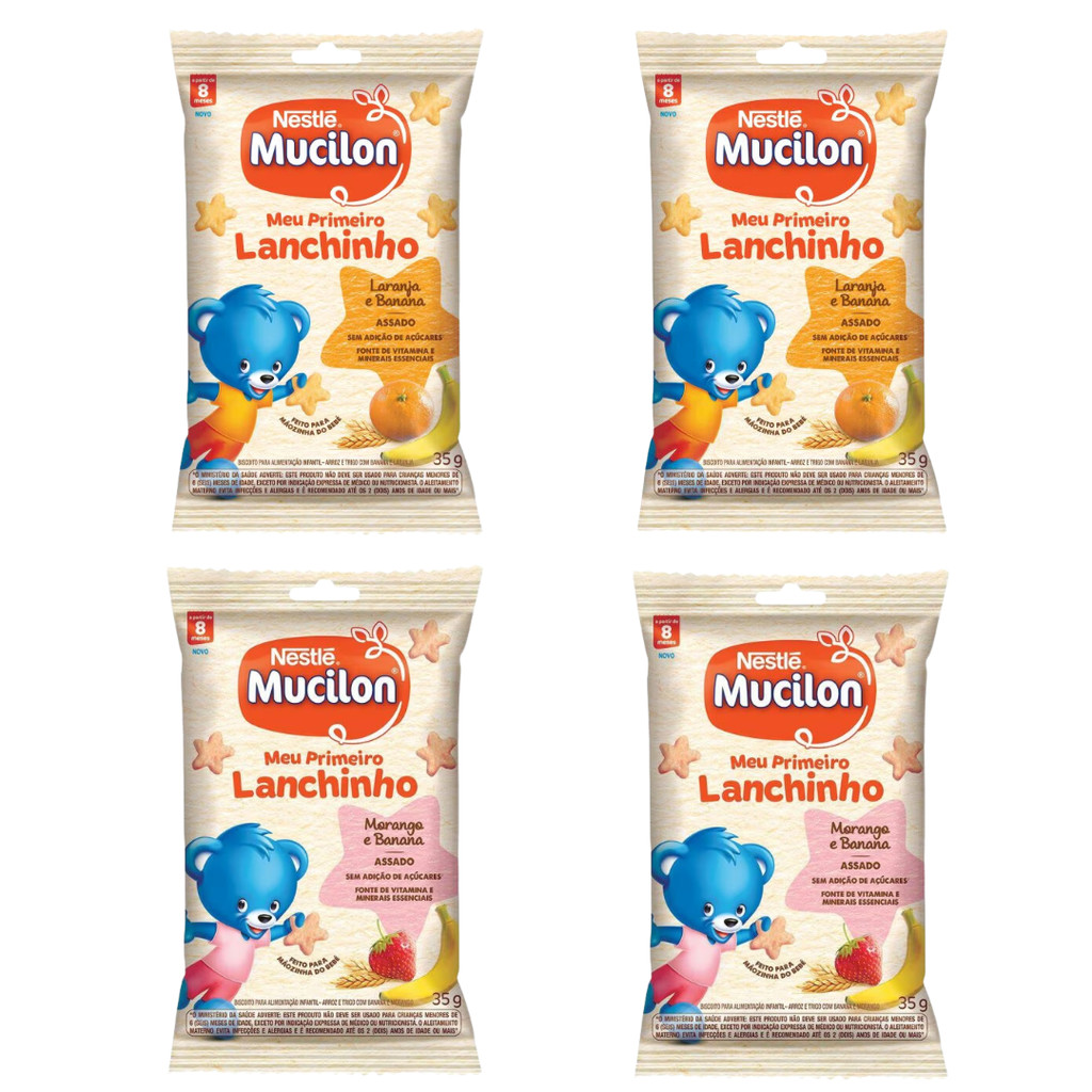 Kit Mucilon Meu Primeiro Lanchinho com 2 Sabor Morango e Banana e 2 Laranja e Banana