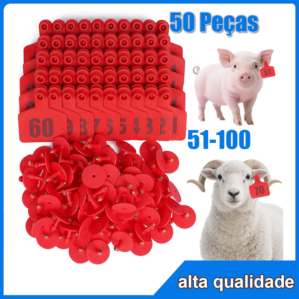 50 Vermelho Brincos De Identificação Numerados Para Boi, Ovelhas 51 à 100