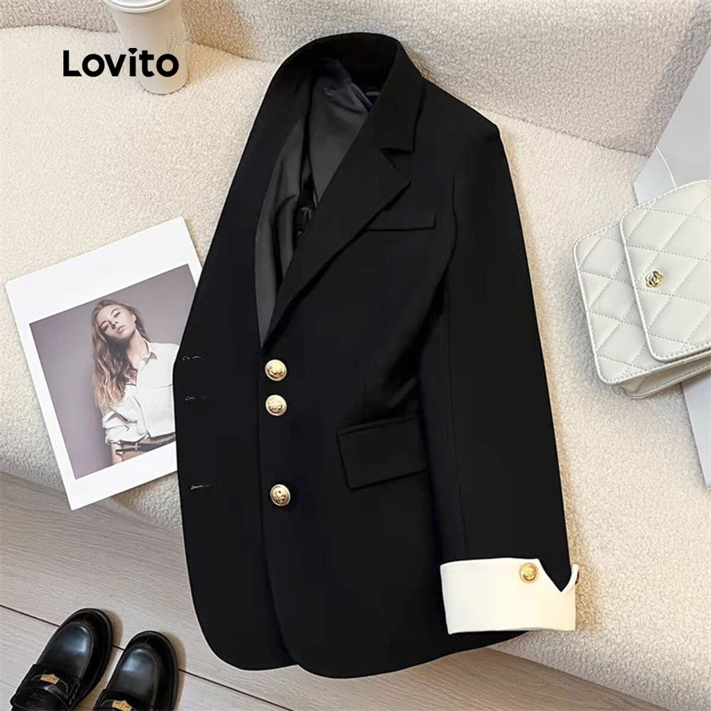 (Trendy) Lovito Blazer elegante e liso Colorblock para mulheres LNL101631 em Oferta na Shopee