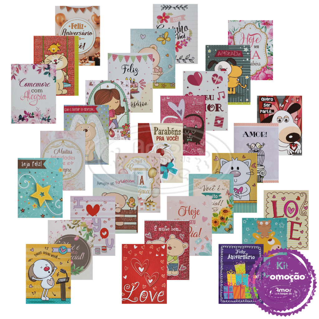 Kit 30/60/90/120 Cartões de Felicitações Diversos 5,5 x 7,2cm com Envelope, Agência de Ideias.