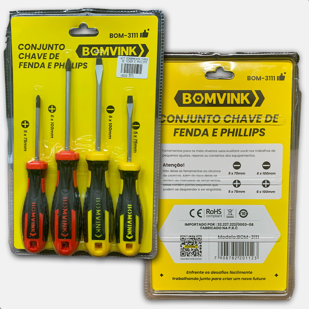 Detalhes do Kit Chaves Bomvink BOM‑3111 – 2 Fenda + 2 Philips Com Cabo Emborrachado e Pontas magnéticas