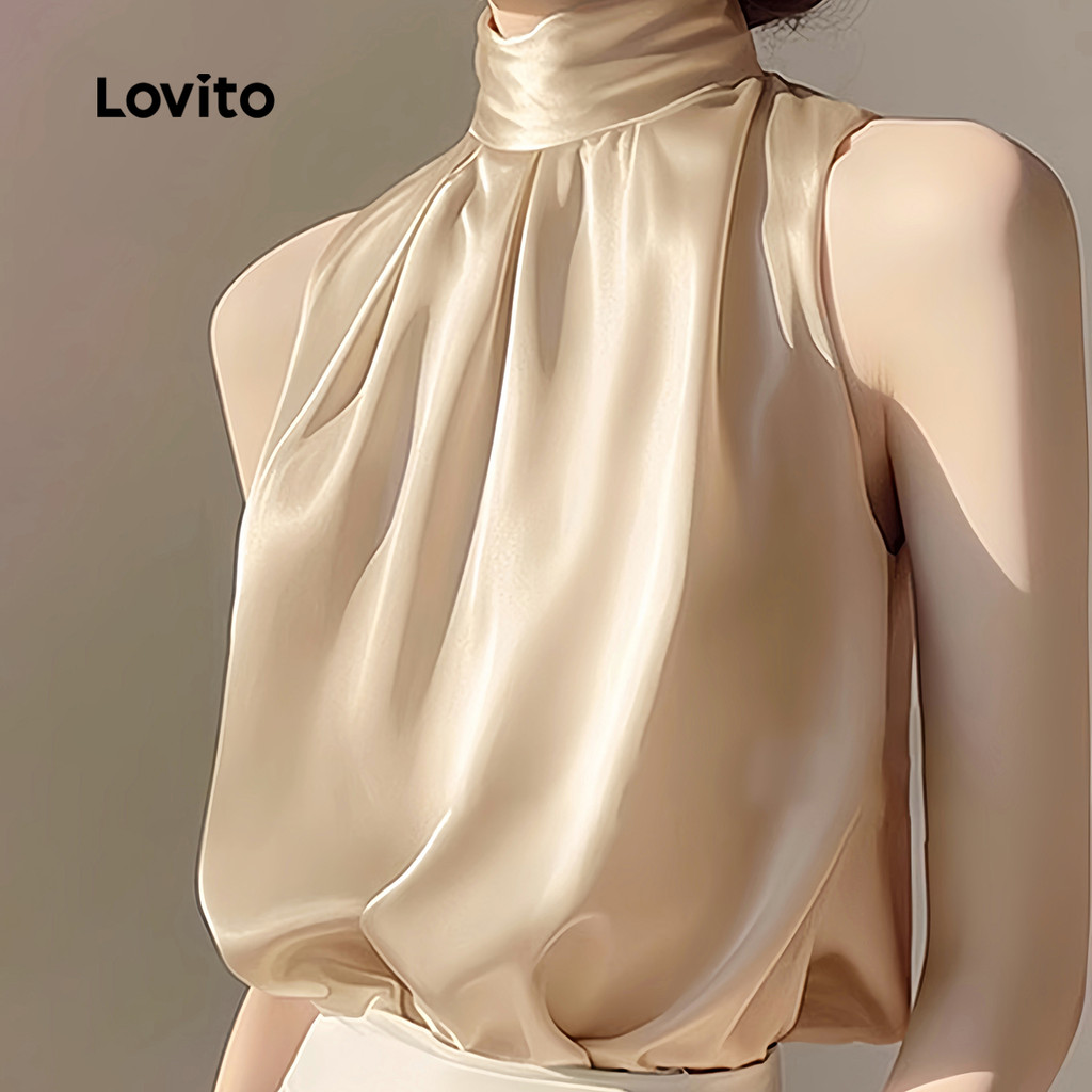 Detalhes do Lovito Regata Feminina Elegante Plissada Liso Verão Primavera L132ED025