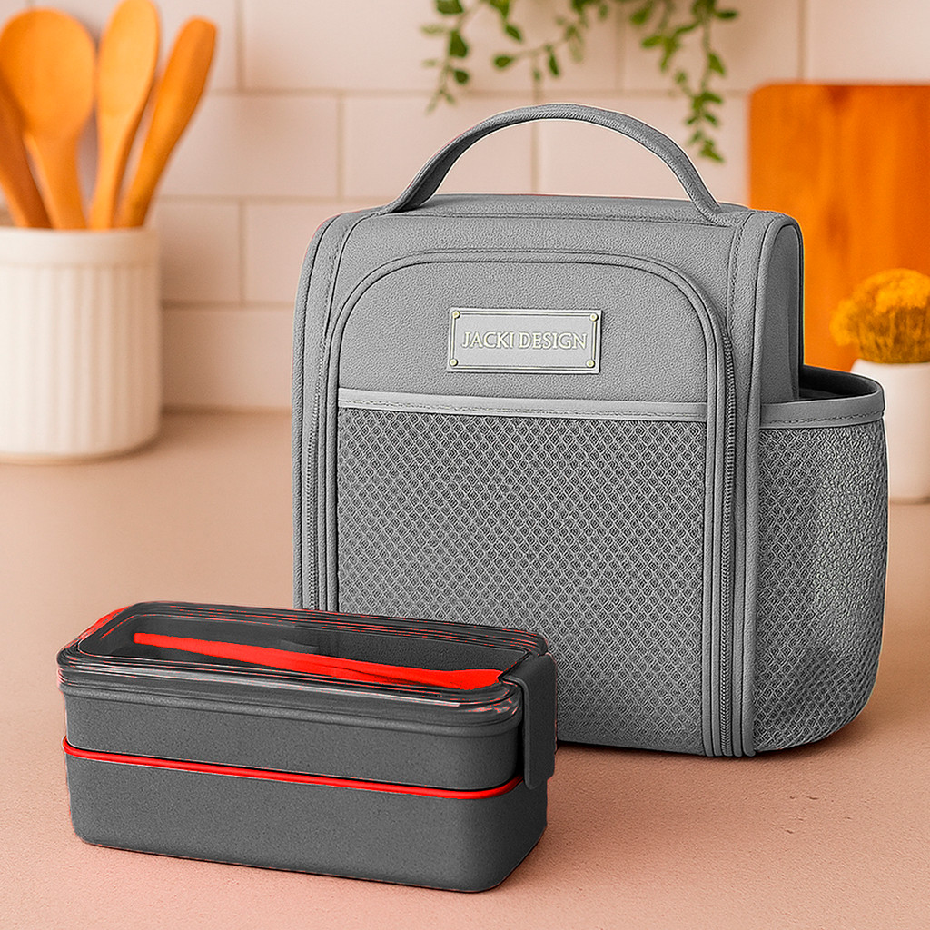 Kit Lancheira Térmica + Marmita Pote Bolsa Preta Fecho Duplo Academia Fitness Jacki design
