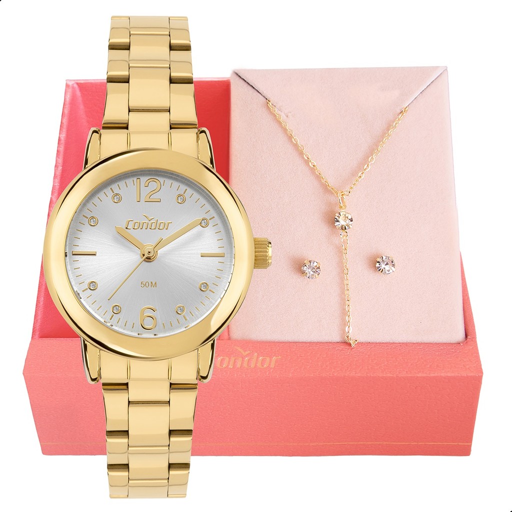 Relógio de Pulso Feminino Pequeno Condor Dourado Colar e Brincos Resistente a Água CO2035NMPK4 em Oferta na Shopee