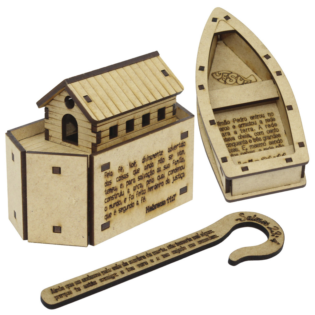 Kit 1 Arca de Noé 1 Barco Pesca Maravilhosa 1 Cajado MDF