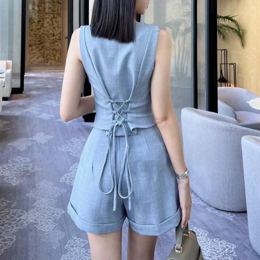 Detalhes do Lovito Elegante Top Tie Back Button Plissado Verão/Primavera Top Ou Inferior Para Mulheres L80ED409