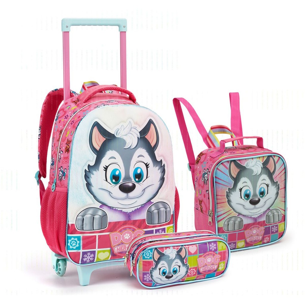 Kit Mochila Rodinhas Dog Heroes Escolar Cachorros Heróis Infantil Menina Seanite