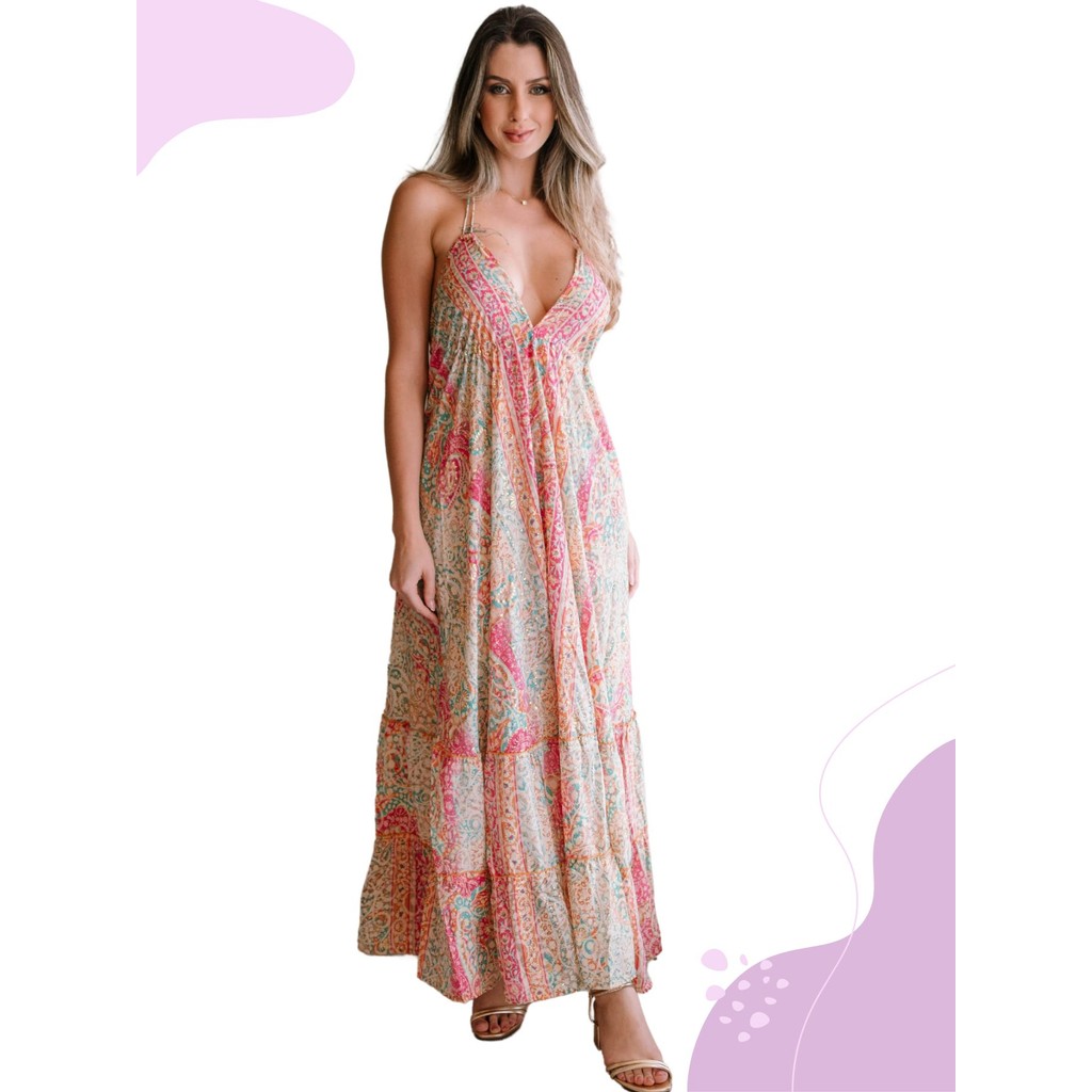 Vestido seda longo costas abertas estampado LDR-18G-LONG em Oferta na Shopee