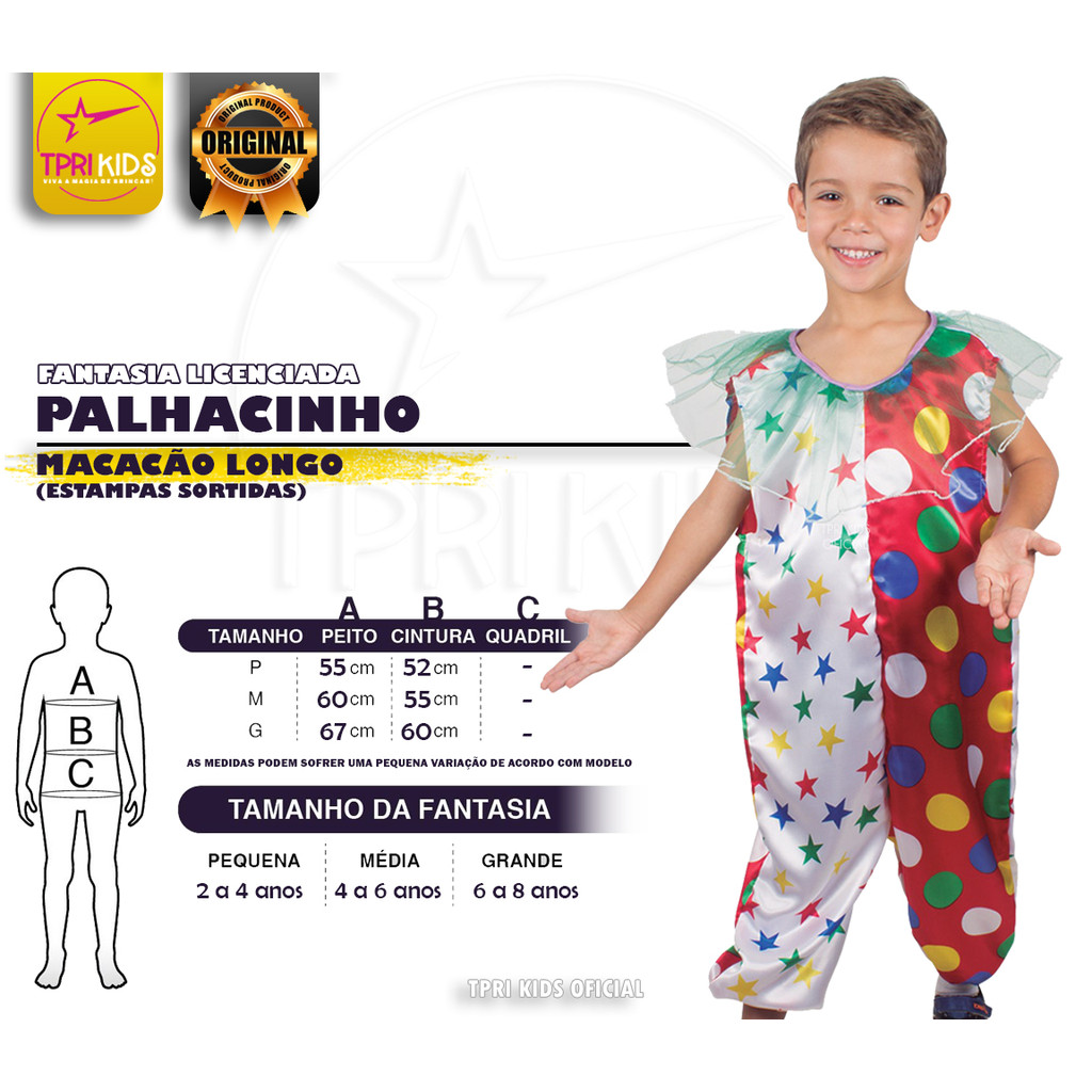 Fantasia Infantil Menino Palhaço Circo Carnaval Festa Temática Halloween Luxo Macacão Palhacinho Top