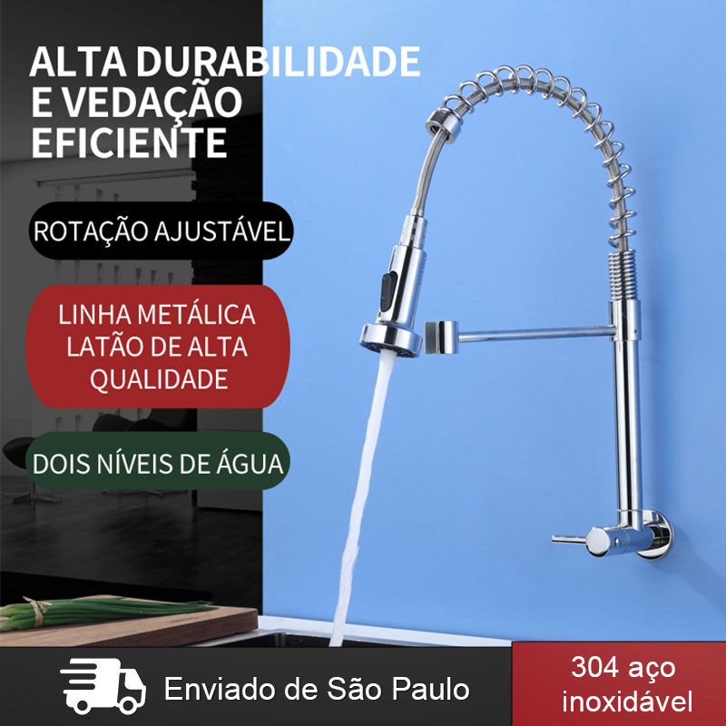 Torneira Gourmet de Parede Inox 304 Com Spray Flexível Misturador Vários modos Prata Brilhante
