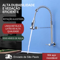 Torneira Gourmet de Parede Inox 304 Com Spray Flexível Misturador Vários modos Prata Brilhante