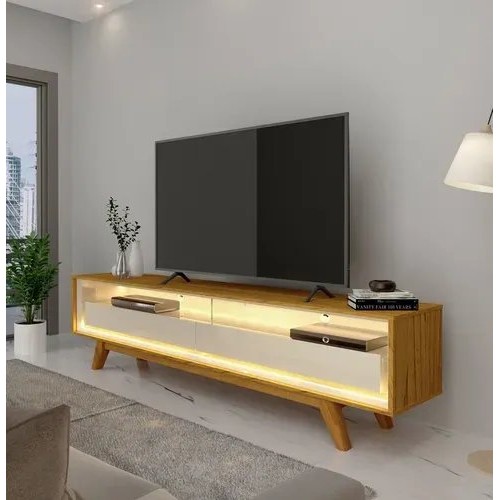 Rack para TV até 85 Polegadas com LED e Pés Madeira Maciça 172,5cm 100% MDF Requinte Naturale/Off White - Home & Living