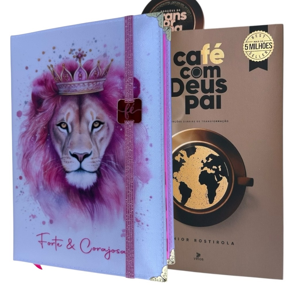 Kit Bíblia Ntlh Leao Forte e corajosa + Elástico rosa Capa Dura Acolchoada com Indice + Cafe com Deus Pai 2025
