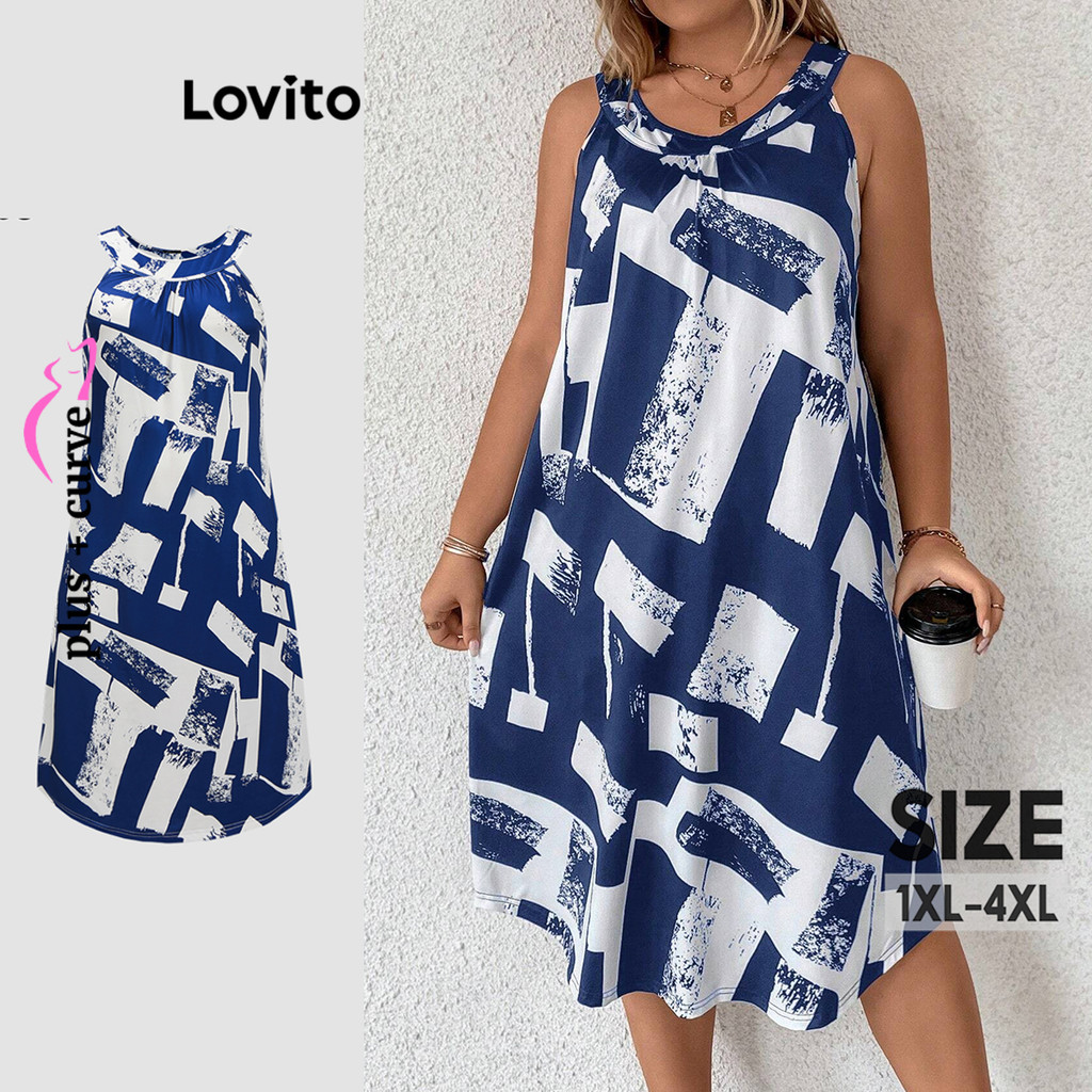 Lovito Vestido básico geométrico casual plus size para mulheres LBL18929 - Women Clothes