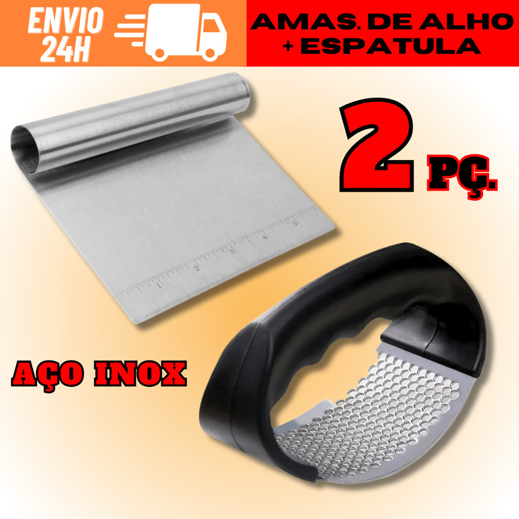 KIT 1 Amassador De Alho + 1 Espátula Raspador Tubular 100% Aço Inox Envio Rápido