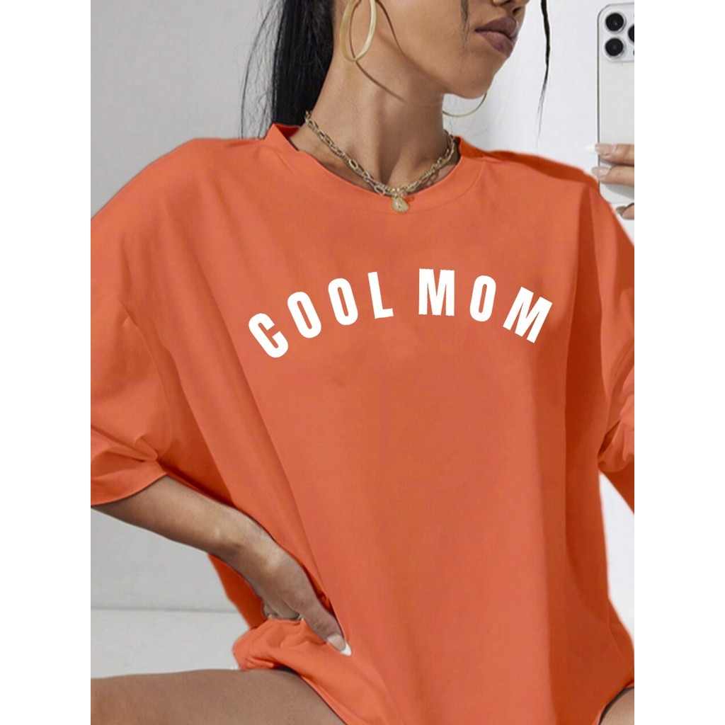 T Shirt Oversized Larga Confortável Estampa Cool Mom Bordado Blusa Coral Frase Divertida Camiseta