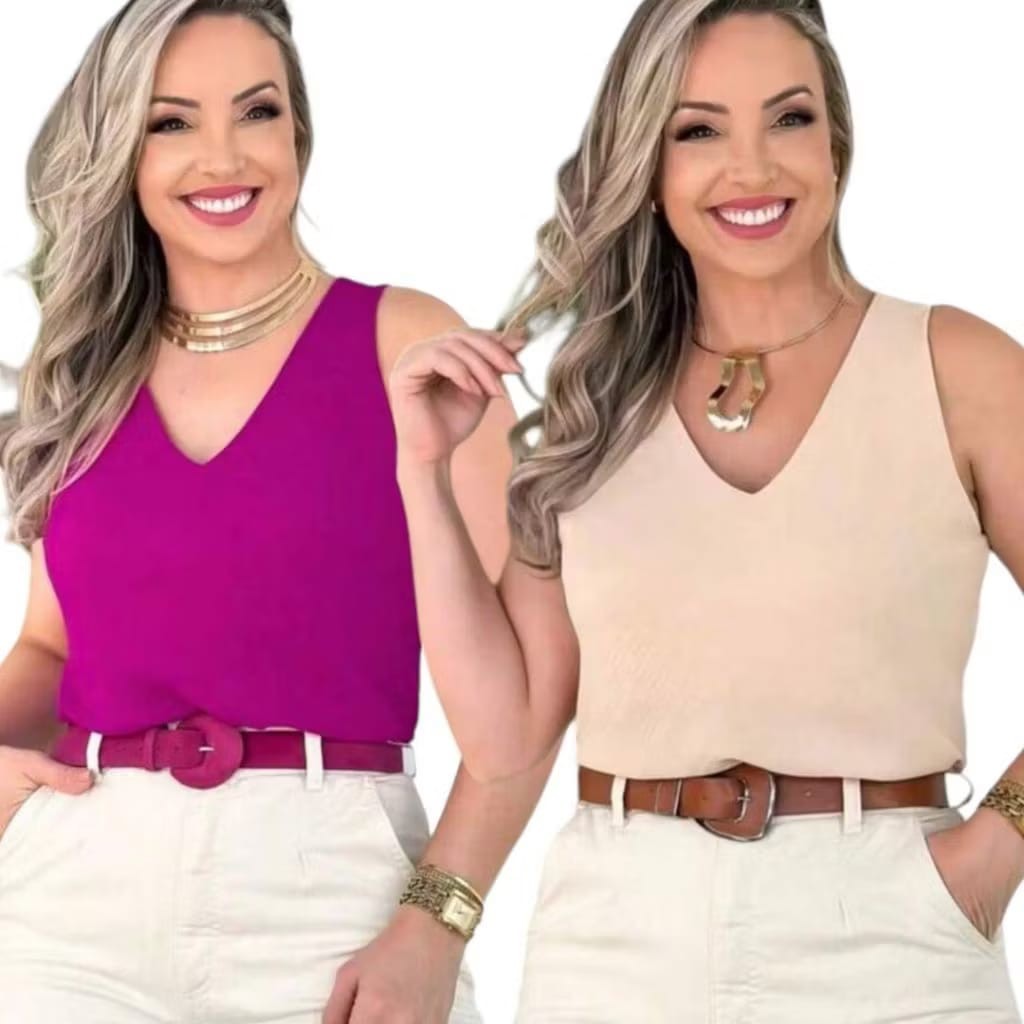 Kit com 2 Blusa Feminina Social Regata Alça Larga Tecido Duna Tendência Moda 2025 !!