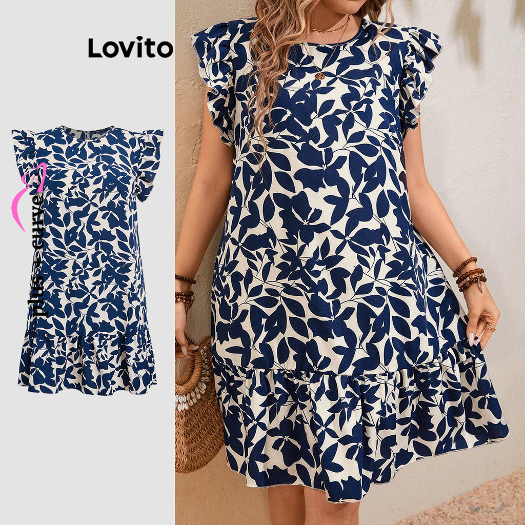 Lovito Vestido Curvo Plus Size Casual Plantas Com Babados E Bainha Para Mulheres LBL20703 - Women Clothes