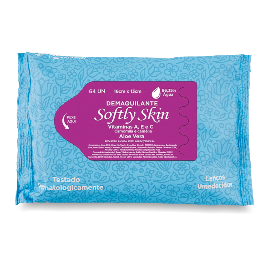 Demaquilante 64 Unidades Lenço Umedecido Softly Skin com Vitamina