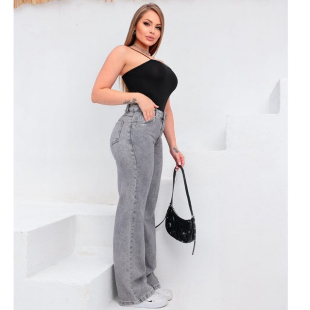 Calça Jeans Wide Leg Grafite Feminina Pantalona Cinza Marmorizada