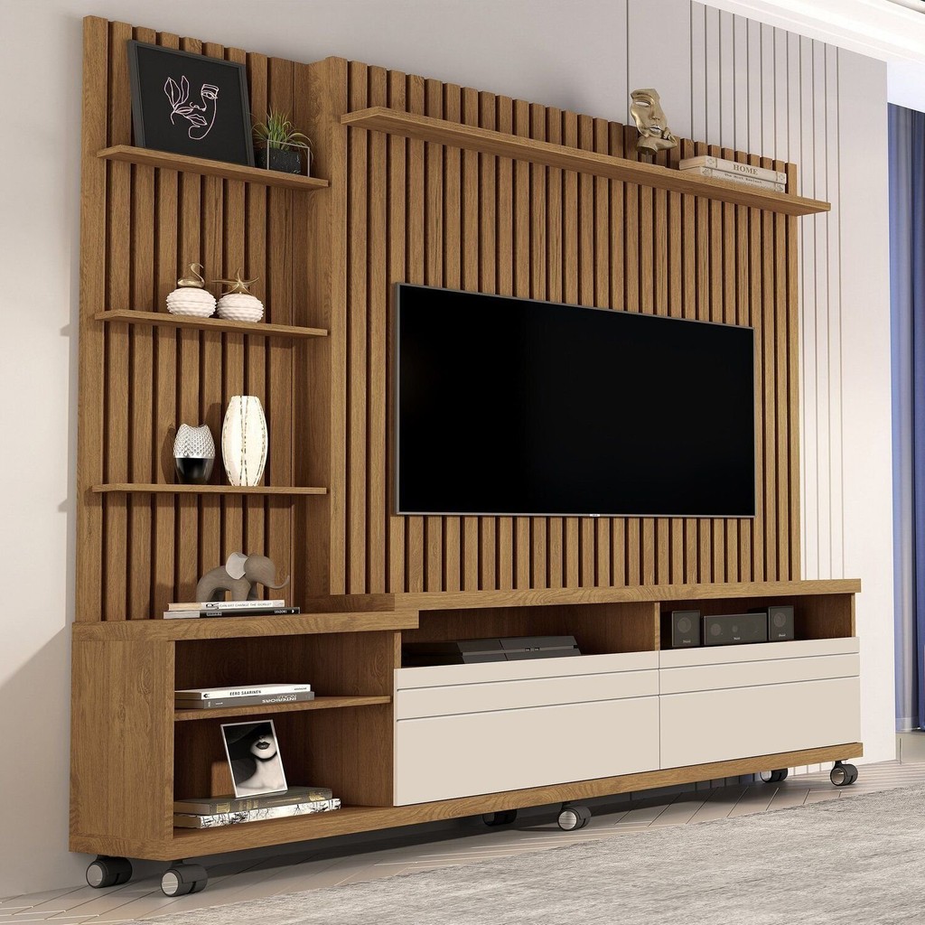 Estante e Home Theater Ripado para TV até 60 Polegadas MDF 180cmx190cm Nobre Marrom Freijó/Off White Freijó/Off White