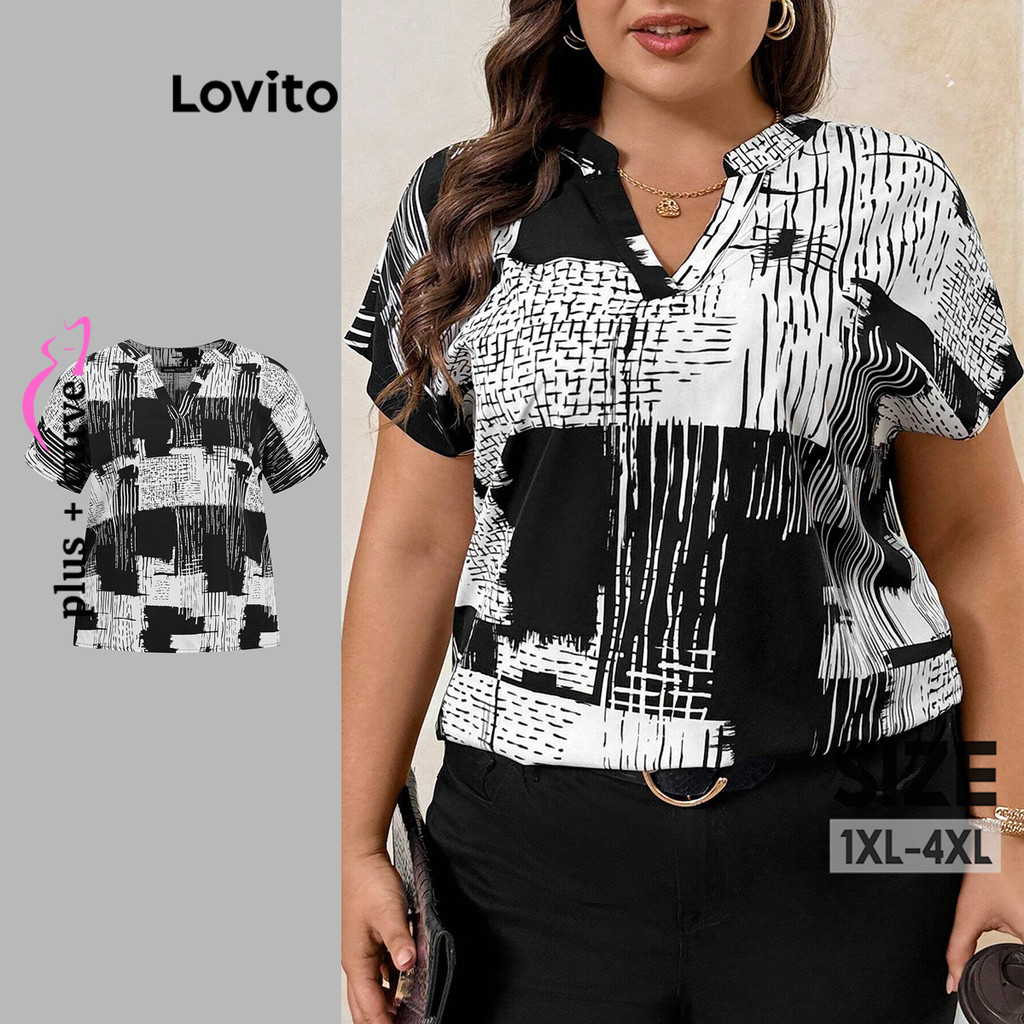 Lovito Blusa Curva Plus Size Casual Geométrica Primavera/Verão Para Mulheres LBL18308 - Women Clothes
