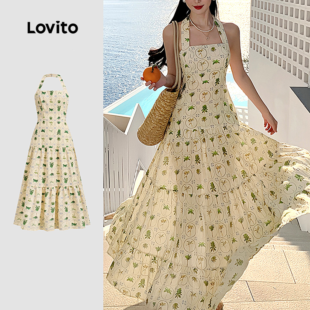 Lovito Boho Tropical Ruffle Hem Resort Style Verão Primavera Vestido Multicolor Para Mulheres L132ED532 - Women Clothes