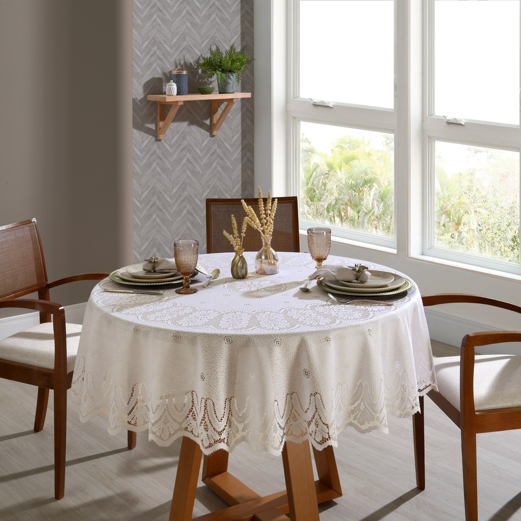 Toalha Mesa Renda Redonda 6 Lugares Arabesco 1,80m Marfim Bege Geométrica Refinada Mesa Posta Festiva Decorativa Elegant
