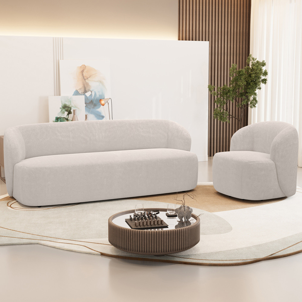 Sofá 3 Lugares 205cm Com Poltrona Giratória Orgânica Heidy F04 Bouclê Bege - Lyam Decor em Oferta na Shopee