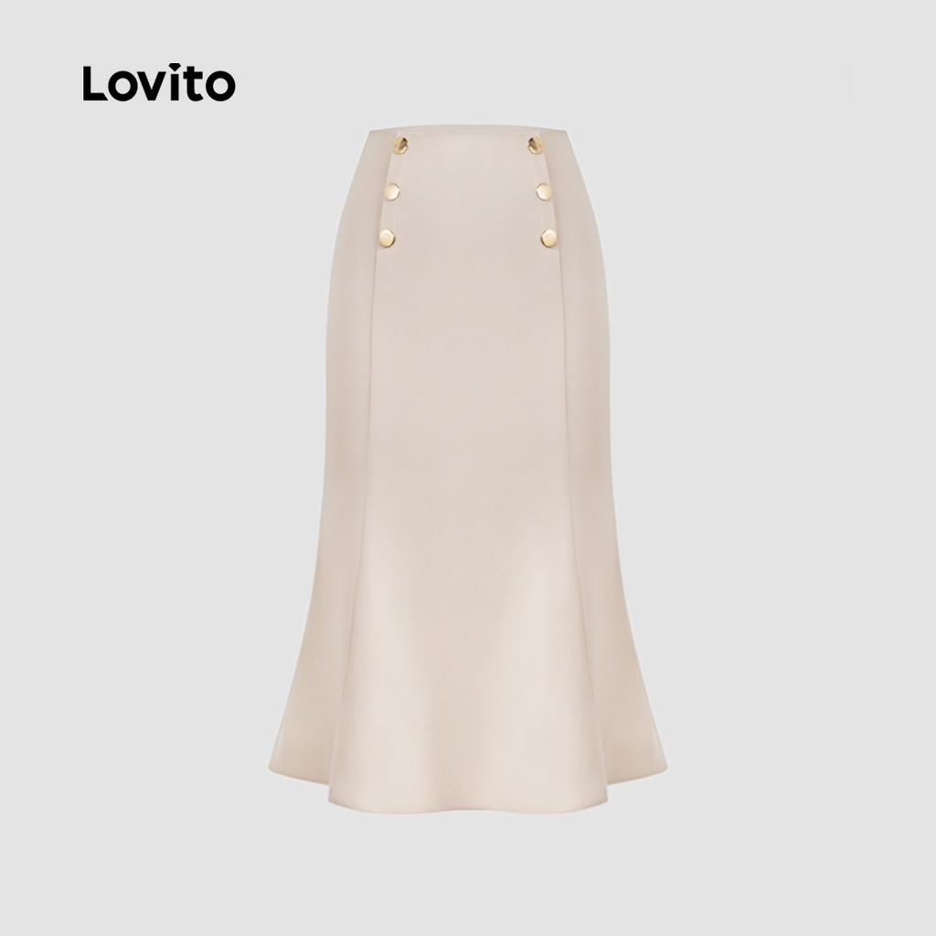 (Trendy) Lovito Saias Elegantes De Linha Com Estrutura De Botão Liso Para Mulheres L133ED755 - Women Clothes