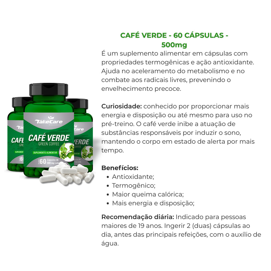 CAFÉ VERDE - 60 CÁPSULAS - 500MG TAKE CARE